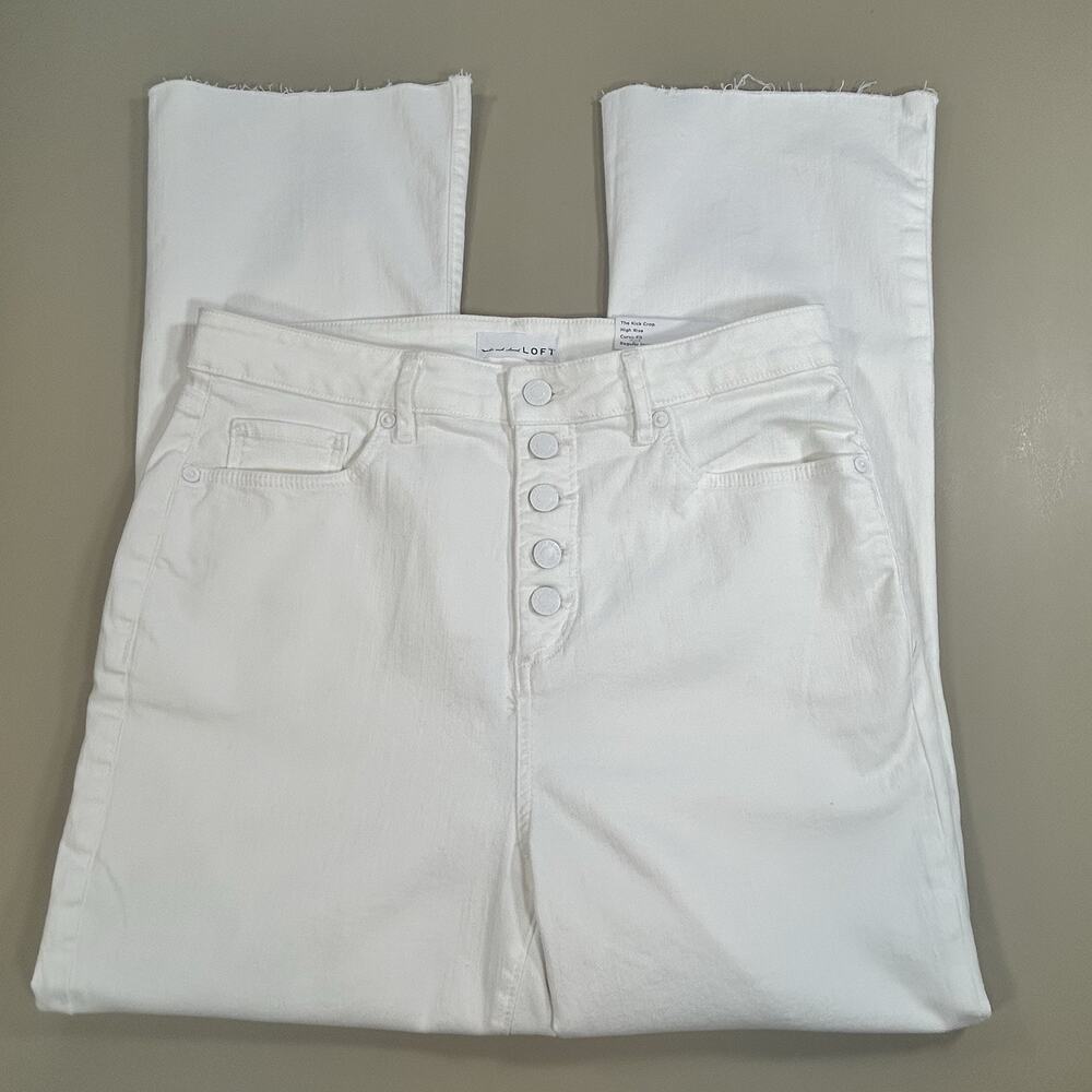 LOFT White Jeans 30/10 The Kick Crop High Rise Curvy Fit Raw Hem